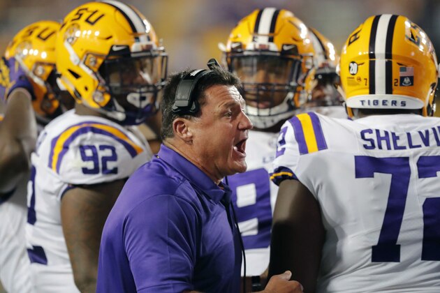 LSU head coach Ed Orgeron talks to his team during a timeout in the second half of an NCAA college football game against Southeastern Louisiana in Baton Rouge, La., Saturday, Sept. 8, 2018. LSU won 31-0. (AP Photo/Gerald Herbert)