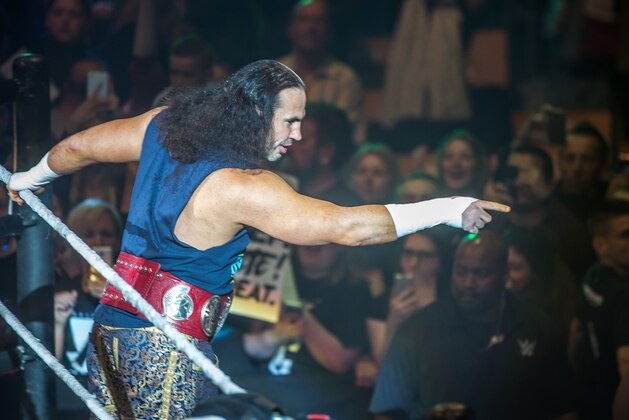 Matt Hardy arrives on the ring during WWE show at Zenith Arena on May 10, 2017 in Lille, northern France. / AFP PHOTO / PHILIPPE HUGUEN        (Photo credit should read PHILIPPE HUGUEN/AFP/Getty Images)