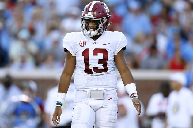 OXFORD, MS - SEPTEMBER 15: Tua Tagovailoa #13 of the Alabama Crimson Tide celebrates during the first half against the Mississippi Rebels at Vaught-Hemingway Stadium on September 15, 2018 in Oxford, Mississippi.  (Photo by Jonathan Bachman/Getty Images)