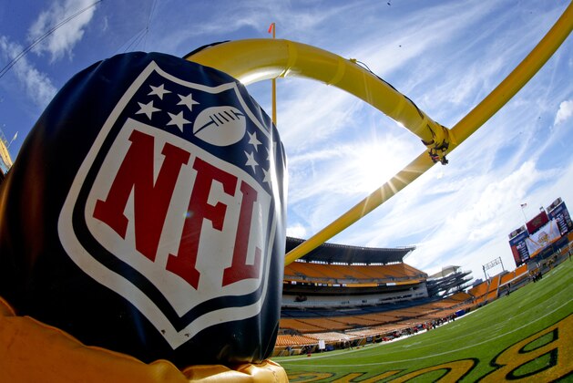 The NFL logo is on the top of the goal post at Heinz Field before an NFL football game between the Pittsburgh Steelers and the Kansas City Chiefs, Sunday, Sept. 16, 2018, in Pittsburgh. (AP Photo/Gene J. Puskar)