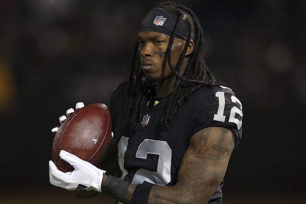 Oakland Raiders wide receiver Martavis Bryant catches the ball prior to an NFL football game against the Green Bay Packers Friday, Aug. 24, 2018, in Oakland, CA. The Raiders won 13-6. (Daniel Gluskoter/AP Images for Panini)