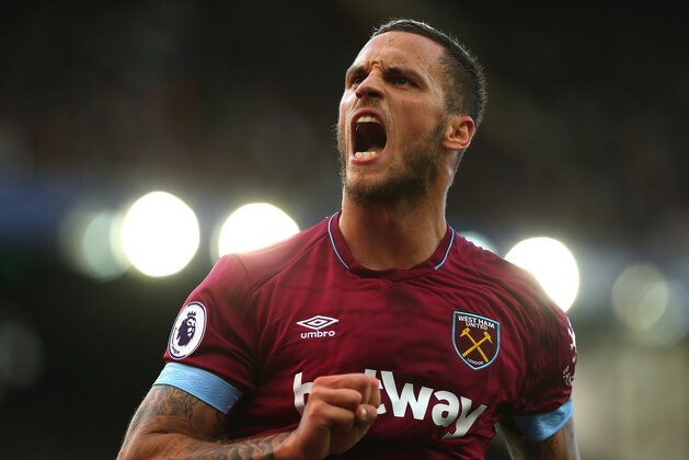 LIVERPOOL, ENGLAND - SEPTEMBER 16: Marko Arnautovic of West Ham United celebrates scoring his teams 3rd goal during the Premier League match between Everton FC and West Ham United at Goodison Park on September 16, 2018 in Liverpool, United Kingdom. (Photo by Chloe Knott - Danehouse/Getty Images)