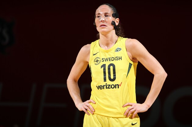 FAIRFAX, VA - SEPTEMBER 12:  Sue Bird #10 of the Seattle Storm looks on during the game against the Washington Mystics in Game Three of the 2018 WNBA Finals on September 12, 2018 at Eaglebank Arena at George Mason University in Fairfax, VA. NOTE TO USER: User expressly acknowledges and agrees that, by downloading and or using this photograph, User is consenting to the terms and conditions of the Getty Images License Agreement. Mandatory Copyright Notice: Copyright 2018 NBAE (Photo by Ned Dishman/NBAE via Getty Images)