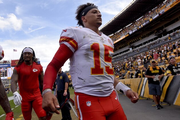 Kansas City Chiefs quarterback Patrick Mahomes (15) walks off the field after defeating the Pittsburgh Steelers in an NFL football game Sunday, Sept. 16, 2018, in Pittsburgh. (AP Photo/Don Wright)