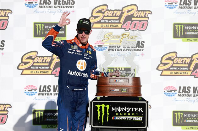 LAS VEGAS, NV - SEPTEMBER 16:  Brad Keselowski, driver of the #2 Discount Tire Ford, celebrates in victory lane after winning the Monster Energy NASCAR Cup Series SouthPoint 400 at Las Vegas Motor Speedway on September 16, 2018 in Las Vegas, Nevada.  (Photo by Matt Sullivan/Getty Images)
