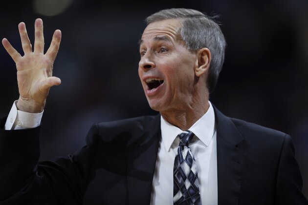 Houston Rockets assistant coach Jeff Bzdelik in the first half of an NBA basketball game late Friday, Dec. 2, 2016, in Denver. (AP Photo/David Zalubowski)