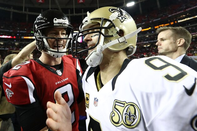 ATLANTA, GA - JANUARY 01: Matt Ryan #2 of the Atlanta Falcons talks to Drew Brees #9 of the New Orleans Saints after the game at the Georgia Dome on January 1, 2017 in Atlanta, Georgia. (Photo by Maddie Meyer/Getty Images)