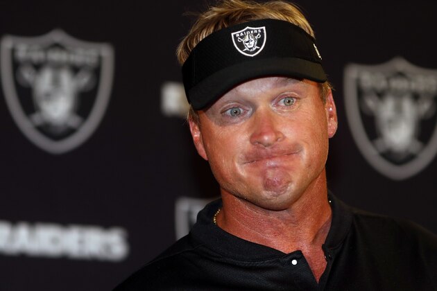 Oakland Raiders head coach Jon Gruden speaks after an NFL football game against the Denver Broncos, Sunday, Sept. 16, 2018, in Denver. The Broncos won 20-19. (AP Photo/David Zalubowski)