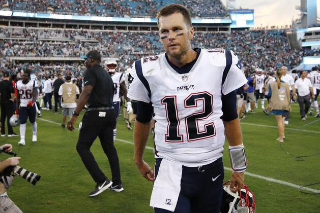New England Patriots quarterback Tom Brady leaves the field after losing to the Jacksonville Jaguars in an NFL football game, Sunday, Sept. 16, 2018, in Jacksonville, Fla. The Jaguars won 31-20. (AP Photo/Stephen B. Morton)