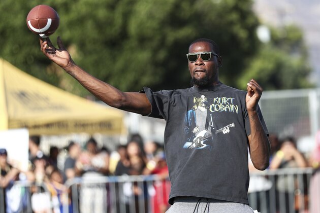 Kevin Durant attends the 4th Annual Athletes vs Cancer Celebrity Flag Football Game held at John Burroughs High School on Sunday, Aug. 6, 2017, in Burbank, Calif. (Photo by John Salangsang/Invision/AP)