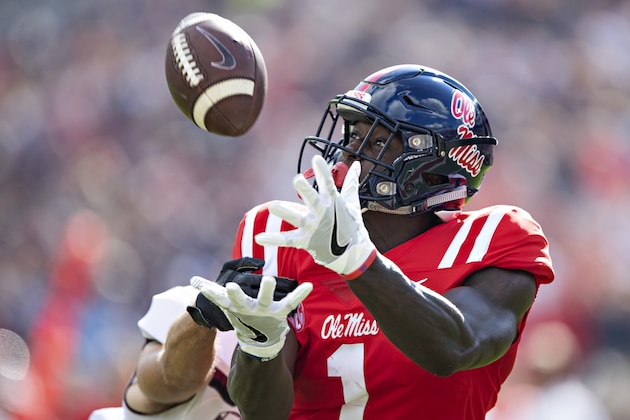OXFORD, MS - SEPTEMBER 8:  A.J. Brown #1 of the Mississippi Rebels catches a pass during a game against the Southern Illinois Salukis at Vaught-Hemingway Stadium on September 8, 2018 in Oxford, Mississippi.  The Rebels defeated the Salukis 76-41.  (Photo by Wesley Hitt/Getty Images)
