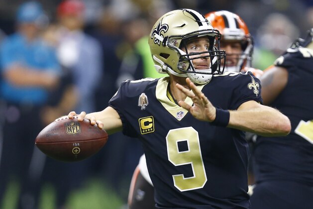 New Orleans Saints quarterback Drew Brees (9) passes during the first half of an NFL football game against the Cleveland Browns in New Orleans, Sunday, Sept. 16, 2018. (AP Photo/Butch Dill)