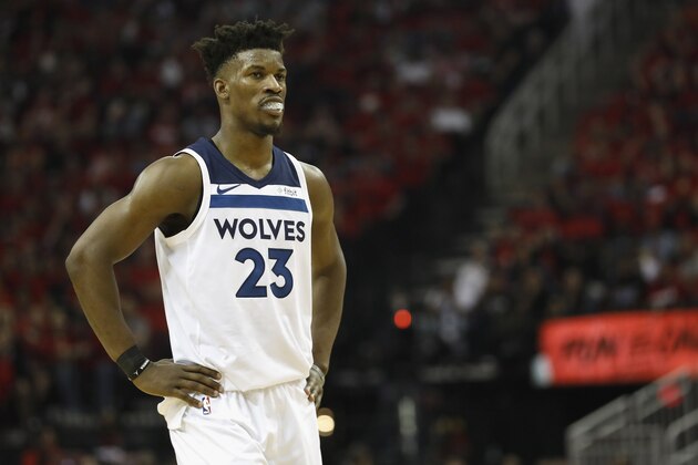 HOUSTON, TX - APRIL 25:  Jimmy Butler #23 of the Minnesota Timberwolves reacts in the second half during Game Five of the first round of the 2018 NBA Playoffs against the Houston Rockets at Toyota Center on April 25, 2018 in Houston, Texas.  NOTE TO USER: User expressly acknowledges and agrees that, by downloading and or using this photograph, User is consenting to the terms and conditions of the Getty Images License Agreement.  (Photo by Tim Warner/Getty Images)