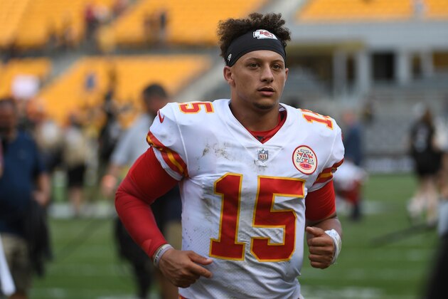 PITTSBURGH, PA - SEPTEMBER 16: Patrick Mahomes #15 of the Kansas City Chiefs walks off the field at the conclusion of a 42-37 win over the Pittsburgh Steelers at Heinz Field on September 16, 2018 in Pittsburgh, Pennsylvania. (Photo by Justin Berl/Getty Images)