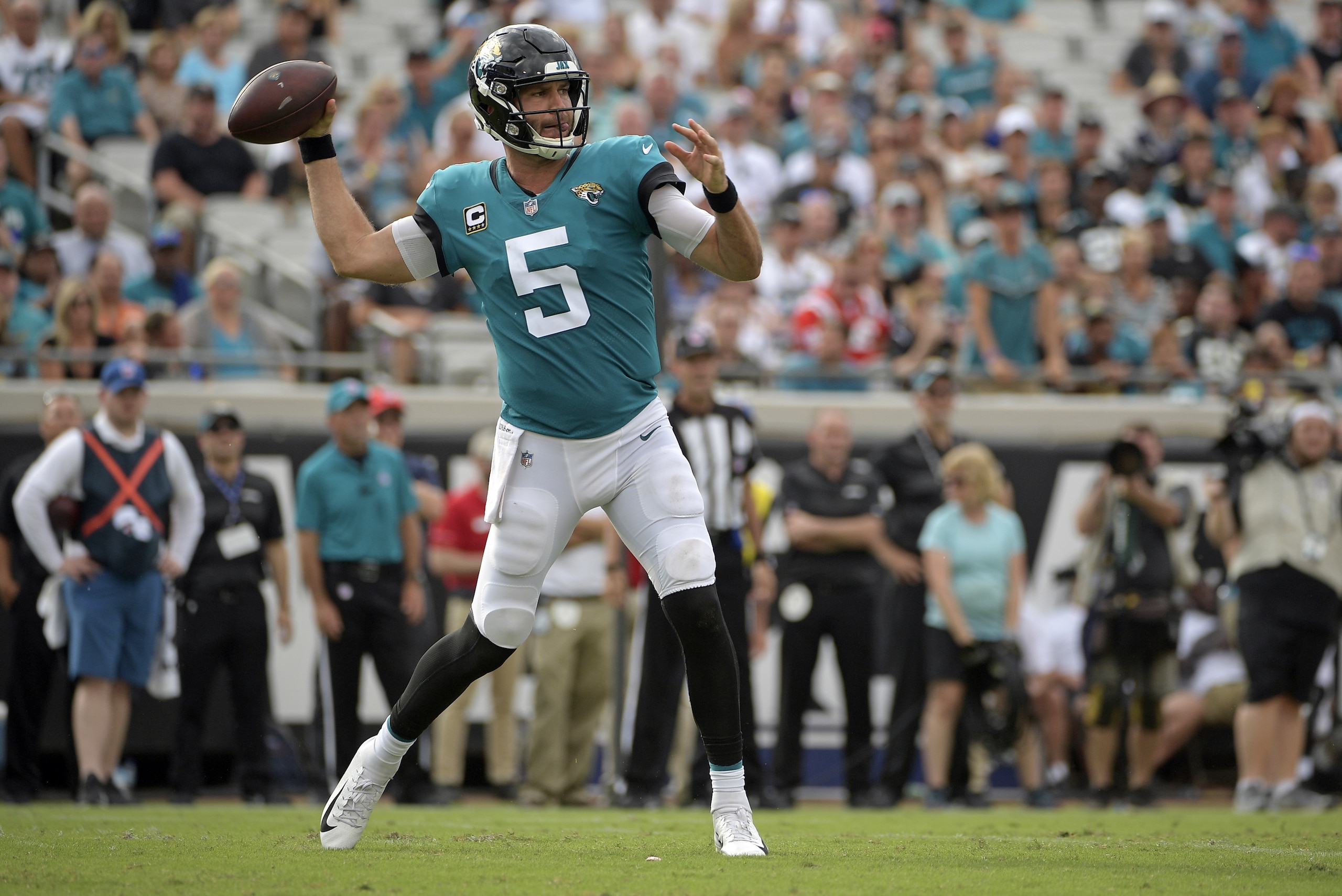 Jacksonville Jaguars quarterback Blake Bortles (5) throws a pass against the New England Patriots during the first half of an NFL football game, Sunday, Sept. 16, 2018, in Jacksonville, Fla. (AP Photo/Phelan M. Ebenhack) Jacksonville Jaguars quarterback Blake Bortles (5) throws a pass against the New England Patriots during the first half of an NFL football game, Sunday, Sept. 16, 2018, in Jacksonville, Fla. (AP Photo/Phelan M. Ebenhack)
