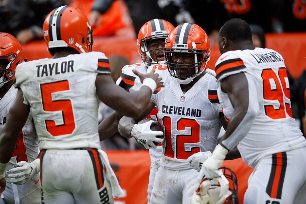 CLEVELAND, OH - SEPTEMBER 09:  Josh Gordon #12 celebrates his touchdown with Tyrod Taylor #5 and Devaroe Lawrence #99 of the Cleveland Browns during the fourth quarter against the Pittsburgh Steelers at FirstEnergy Stadium on September 9, 2018 in Cleveland, Ohio. (Photo by Joe Robbins/Getty Images)
