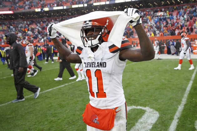 CLEVELAND, OH - SEPTEMBER 09: Antonio Callaway #11 of the Cleveland Browns reacts after the game against the Pittsburgh Steelers at FirstEnergy Stadium on September 9, 2018 in Cleveland, Ohio. The game ended in a 21-21 tie. (Photo by Joe Robbins/Getty Images)