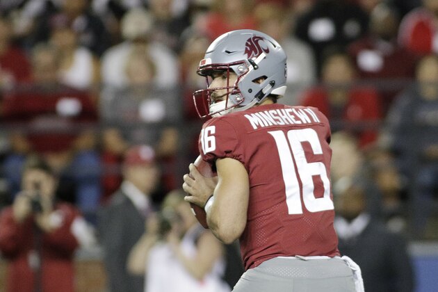 Washington State quarterback Gardner Minshew II (16) looks to pass during the first half of an NCAA college football game against San Jose State in Pullman, Wash., Saturday, Sept. 8, 2018. (AP Photo/Young Kwak)