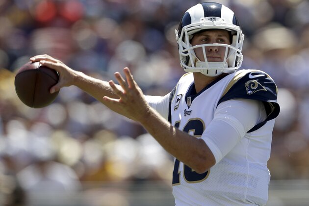 Los Angeles Rams quarterback Jared Goff passes against the Arizona Cardinals during the first half of an NFL football game Sunday, Sept. 16, 2018, in Los Angeles. (AP Photo/Marcio Jose Sanchez)