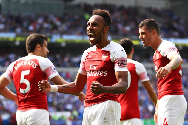 CARDIFF, WALES - SEPTEMBER 02:  Pierre-Emerick Aubameyang of Arsenal celebrates after scoring his team's second goal with team mates during the Premier League match between Cardiff City and Arsenal FC at Cardiff City Stadium on September 2, 2018 in Cardiff, United Kingdom.  (Photo by Catherine Ivill/Getty Images)