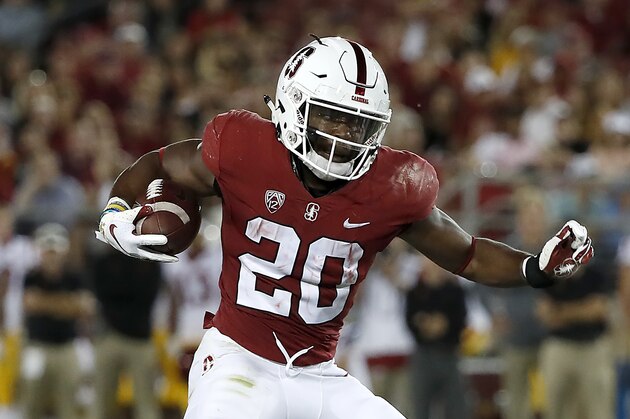 Stanford running back Bryce Love (20) rushes against Southern California during the second half of an NCAA college football game Saturday, Sept. 8, 2018, in Stanford, Calif. Stanford won 17-3. (AP Photo/Tony Avelar)