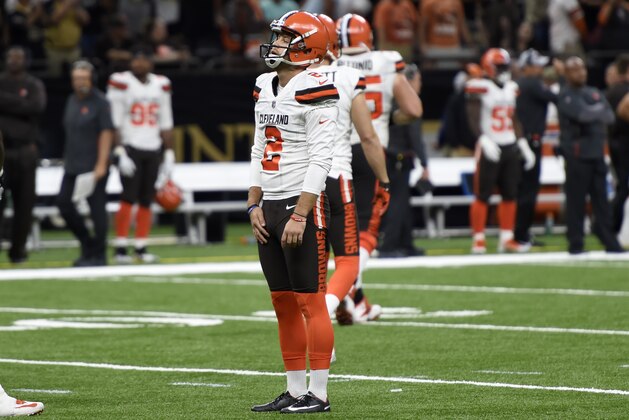 Cleveland Browns kicker Zane Gonzalez watches after missing an extra point during the second half of an NFL football game against the New Orleans Saints, in New Orleans Sunday, Sept. 16, 2018. (AP Photo/Bill Feig)