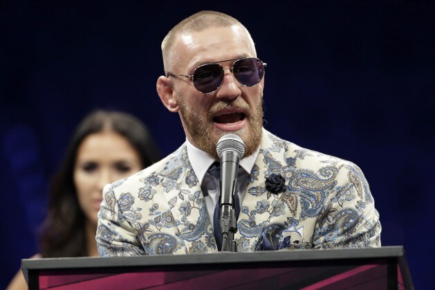 Conor McGregor speaks during a news conference after a super welterweight boxing match against Floyd Mayweather Jr., Sunday, Aug. 27, 2017, in Las Vegas. (AP Photo/Isaac Brekken)