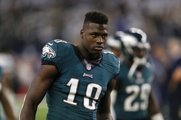 Philadelphia Eagles wide receiver Dorial Green-Beckham participates in warm ups before an NFL football game against the Dallas Cowboys on Sunday, Oct. 30, 2016, in Arlington, Texas. (AP Photo/Roger Steinman)