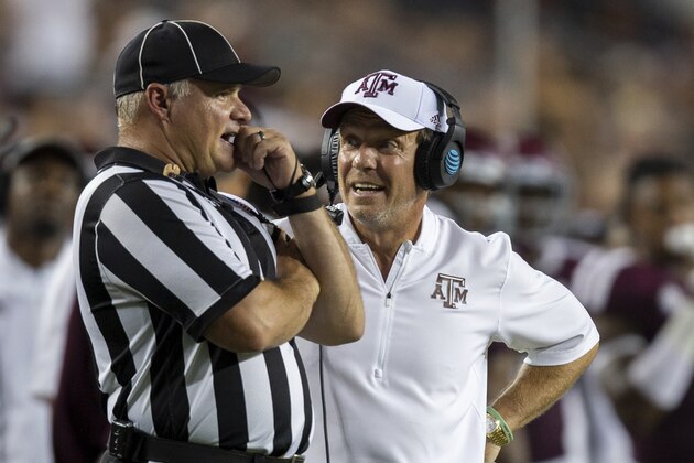 Texas A&M head coach Jimbo Fisher argues a call with an official during the second half of an NCAA college football game against Louisiana Monroe Saturday, Sept. 15, 2018, in College Station, Texas. (AP Photo/Sam Craft)