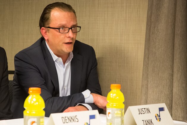 BOISE, ID - MARCH 24:  Utah Jazz Assistant General Manager Justin Zanik answers a question at a press conference announcing the purchase of the D-League's Idaho Stampede by the Utah Jazz on March 24, 2015 at the Grove Hotel in Boise, Idaho. NOTE TO USER: User expressly acknowledges and agrees that, by downloading and/or using this Photograph, user is consenting to the terms and conditions of the Getty Images License Agreement. Mandatory Copyright Notice: Copyright 2015 NBAE (Photo by Otto Kitsinger/NBAE via Getty Images)