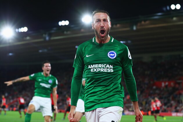 SOUTHAMPTON, ENGLAND - SEPTEMBER 17:  Glenn Murray of Brighton and Hove Albion celebrates as he scores his team's second goal from a penalty during the Premier League match between Southampton and Brighton & Hove Albion at St Mary's Stadium on September 17, 2018 in Southampton, United Kingdom.  (Photo by Clive Rose/Getty Images)