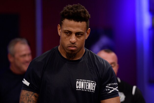 LAS VEGAS, NV - AUGUST 07:  Greg Hardy prepares to fight Tebaris Gordon in their heavyweight fight during Dana White's Tuesday Night Contender Series at the TUF Gym on August 7, 2018 in Las Vegas, Nevada. (Photo by Chris Unger/DWTNCS LLC)