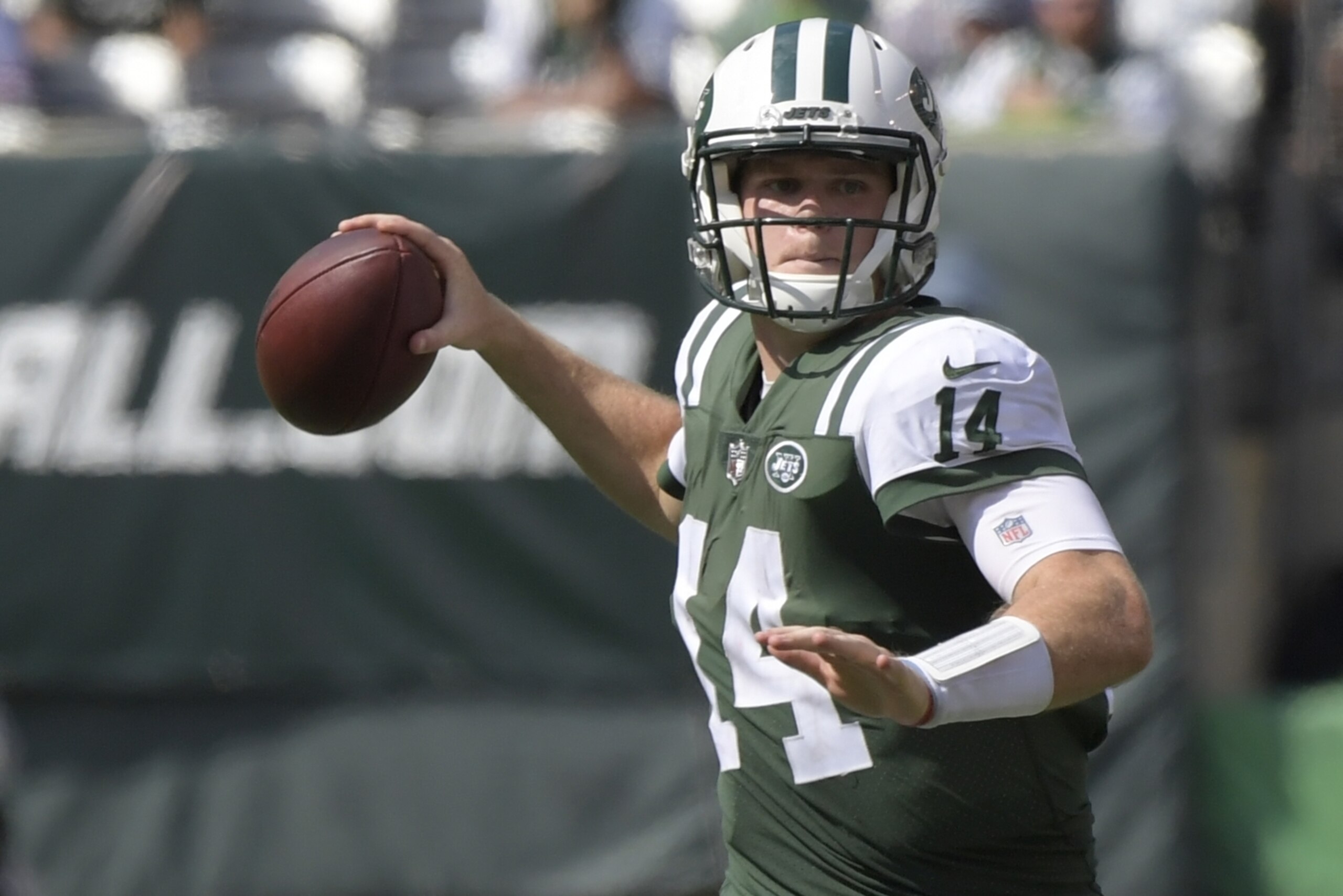 New York Jets quarterback Sam Darnold (14) throws a pass during the first half of an NFL football game Sunday, Sept. 16, 2018, in East Rutherford, N.J. (AP Photo/Bill Kostroun) New York Jets quarterback Sam Darnold (14) throws a pass during the first half of an NFL football game Sunday, Sept. 16, 2018, in East Rutherford, N.J. (AP Photo/Bill Kostroun)