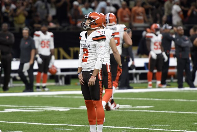 Cleveland Browns kicker Zane Gonzalez watches after missing an extra point during the second half of an NFL football game against the New Orleans Saints, in New Orleans Sunday, Sept. 16, 2018. (AP Photo/Bill Feig)