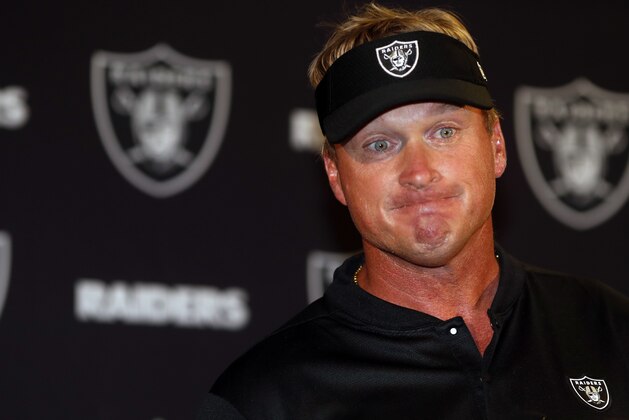 Oakland Raiders head coach Jon Gruden speaks after an NFL football game against the Denver Broncos, Sunday, Sept. 16, 2018, in Denver. The Broncos won 20-19. (AP Photo/David Zalubowski)