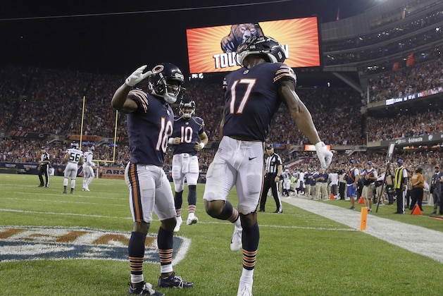 Chicago Bears wide receiver Anthony Miller (17) celebrates a touchdown with wide receiver Taylor Gabriel (18) during the second half of an NFL football against the Seattle Seahawks game Monday, Sept. 17, 2018, in Chicago. (AP Photo/David Banks)