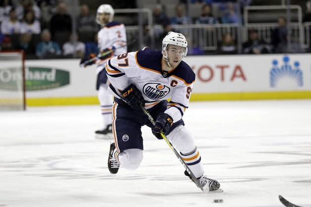 Edmonton Oilers' Connor McDavid (97) during the first period of an NHL hockey game against the San Jose Sharks Tuesday, Feb. 27, 2018, in San Jose, Calif. (AP Photo/Marcio Jose Sanchez)