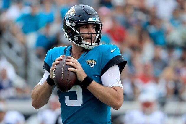 JACKSONVILLE, FL - SEPTEMBER 16:  Blake Bortles #5 of the Jacksonville Jaguars attempts a pass during the game against the New England Patriots at TIAA Bank Field on September 16, 2018 in Jacksonville, Florida.  (Photo by Sam Greenwood/Getty Images)