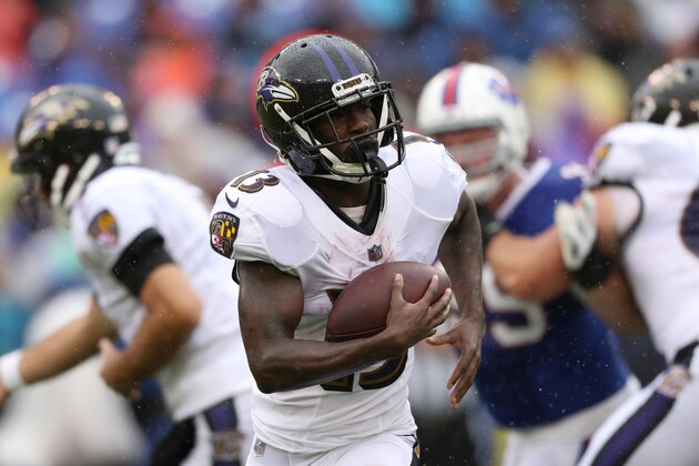BALTIMORE, MD - SEPTEMBER 9: John Brown #13 of the Baltimore Ravens runs with the ball in the first quarter against the Buffalo Bills at M&T Bank Stadium on September 9, 2018 in Baltimore, Maryland. (Photo by Patrick Smith/Getty Images)