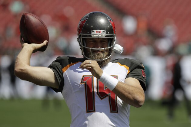 Tampa Bay Buccaneers quarterback Ryan Fitzpatrick (14) warms up before an NFL football game against the Philadelphia Eagles, Sunday, Sept. 16, 2018, in Tampa, Fla. (AP Photo/Chris O'Meara)