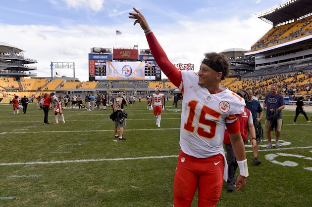 Kansas City Chiefs quarterback Patrick Mahomes (15) walks off the field after defeating the Pittsburgh Steelers in an NFL football game Sunday, Sept. 16, 2018, in Pittsburgh. (AP Photo/Don Wright)