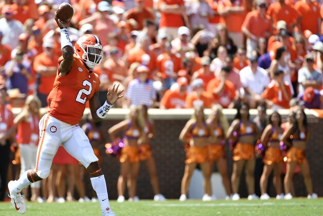 CLEMSON, SC - SEPTEMBER 01: Quarterback Kelly Bryant #2 of the Clemson Tigers attempts a pass during the first quarter of the Tigers' football game against the Furman Paladins at Clemson Memorial Stadium on September 1, 2018 in Clemson, South Carolina. (Photo by Mike Comer/Getty Images)
