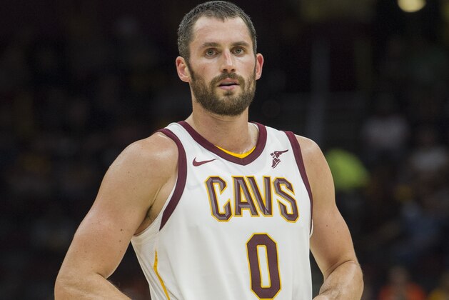 Cleveland Cavaliers' Kevin Love (0) pauses against the Atlanta Hawks during an NBA pre-season basketball game in Cleveland, Wednesday, Oct. 4, 2017. (AP Photo/Phil Long)