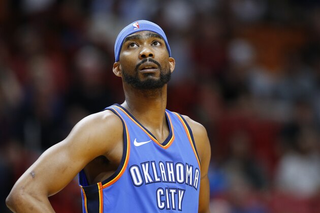 Oklahoma City Thunder forward Corey Brewer is shown during the first half of an NBA basketball game against the Miami Heat, Monday, April 9, 2018, in Miami. (AP Photo/Wilfredo Lee)