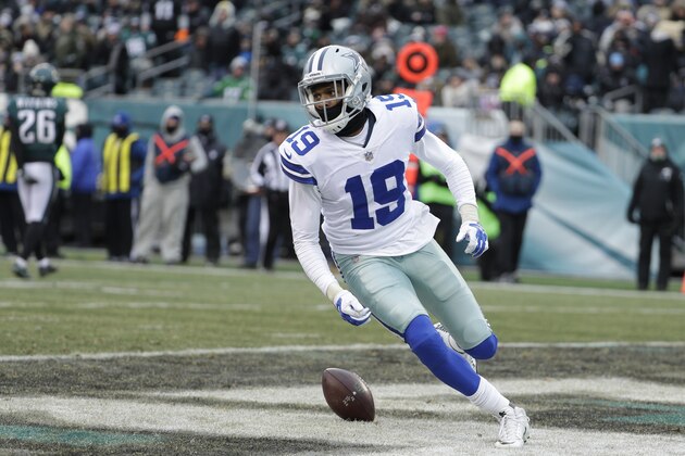 Dallas Cowboys' Brice Butler reacts after scoring a touchdown during the second half of an NFL football game against the Philadelphia Eagles, Sunday, Dec. 31, 2017, in Philadelphia. (AP Photo/Chris Szagola)