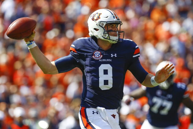 Auburn quarterback Jarrett Stidham (8) throws a pass during the first half of an NCAA college football game against LSU, Saturday, Sept. 15, 2018, in Auburn, Ala. (AP Photo/Butch Dill)
