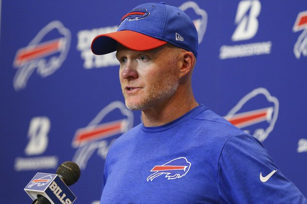 Buffalo Bills head coach Sean McDermott talks with the media following an NFL game against the Los Angeles Chargers on Sunday, Sept. 16, 2018, in Orchard Park, N.Y. (AP Photo/Rich Barnes)