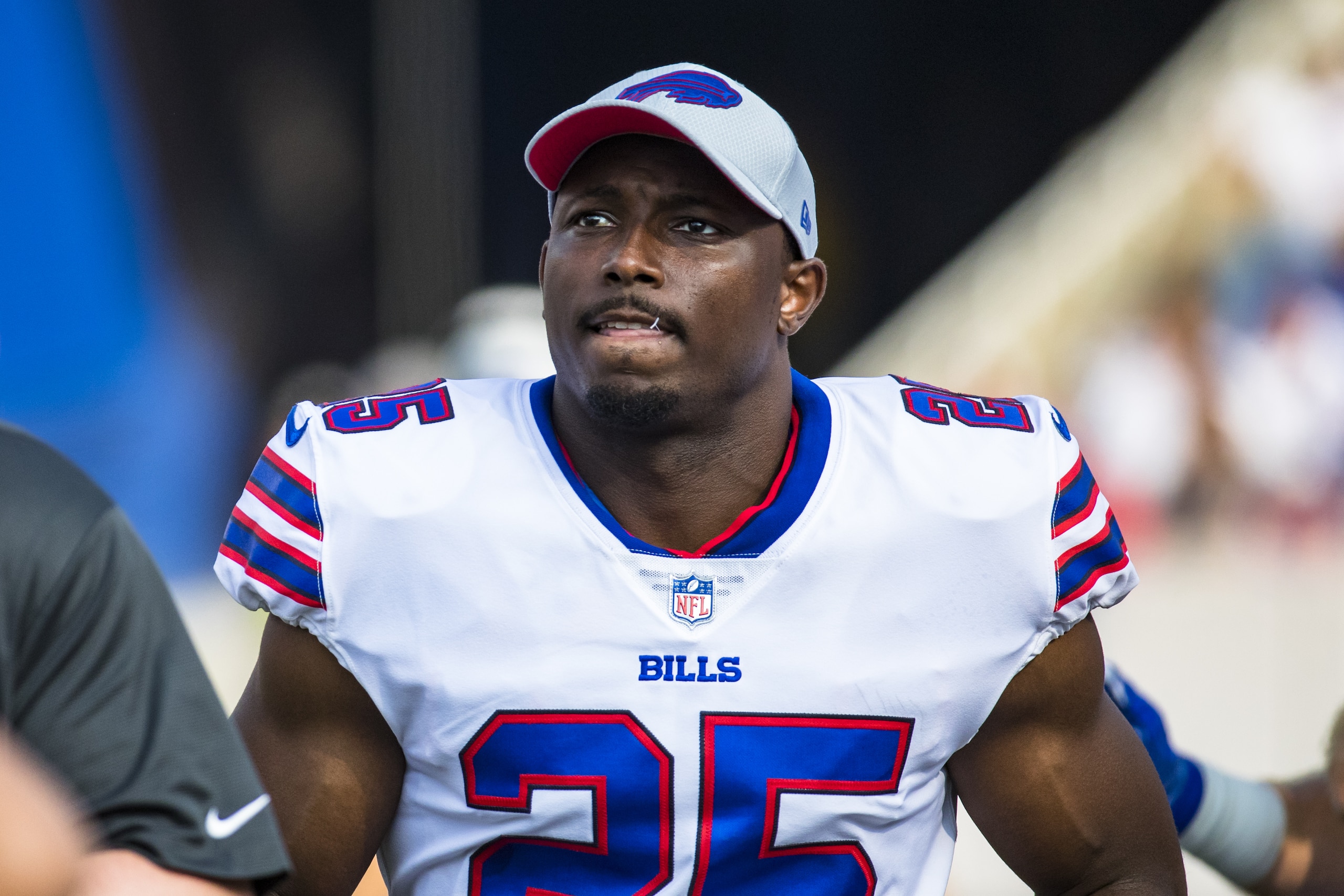 ORCHARD PARK, NY - AUGUST 26:  LeSean McCoy #25 of the Buffalo Bills walks down the sideline during the first half against the Cincinnati Bengals at New Era Field on August 26, 2018 in Orchard Park, New York. Cincinnati defeats Buffalo 26-13 in the preseason matchup. (Photo by Brett Carlsen/Getty Images)