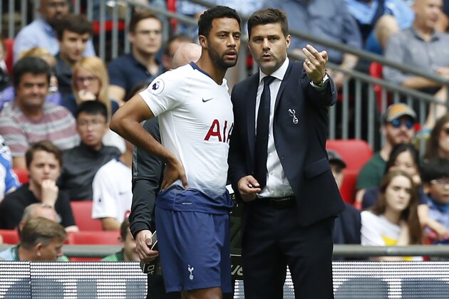Tottenham Hotspur's Belgian midfielder Mousa Dembele (L) gets instructions from Tottenham Hotspur's Argentinian head coach Mauricio Pochettino before coming on as substitute during the English Premier League football match between Tottenham Hotspur and Fulham at Wembley Stadium in London, on August 18, 2018. (Photo by Ian KINGTON / AFP) / RESTRICTED TO EDITORIAL USE. No use with unauthorized audio, video, data, fixture lists, club/league logos or 'live' services. Online in-match use limited to 120 images. An additional 40 images may be used in extra time. No video emulation. Social media in-match use limited to 120 images. An additional 40 images may be used in extra time. No use in betting publications, games or single club/league/player publications. /         (Photo credit should read IAN KINGTON/AFP/Getty Images)