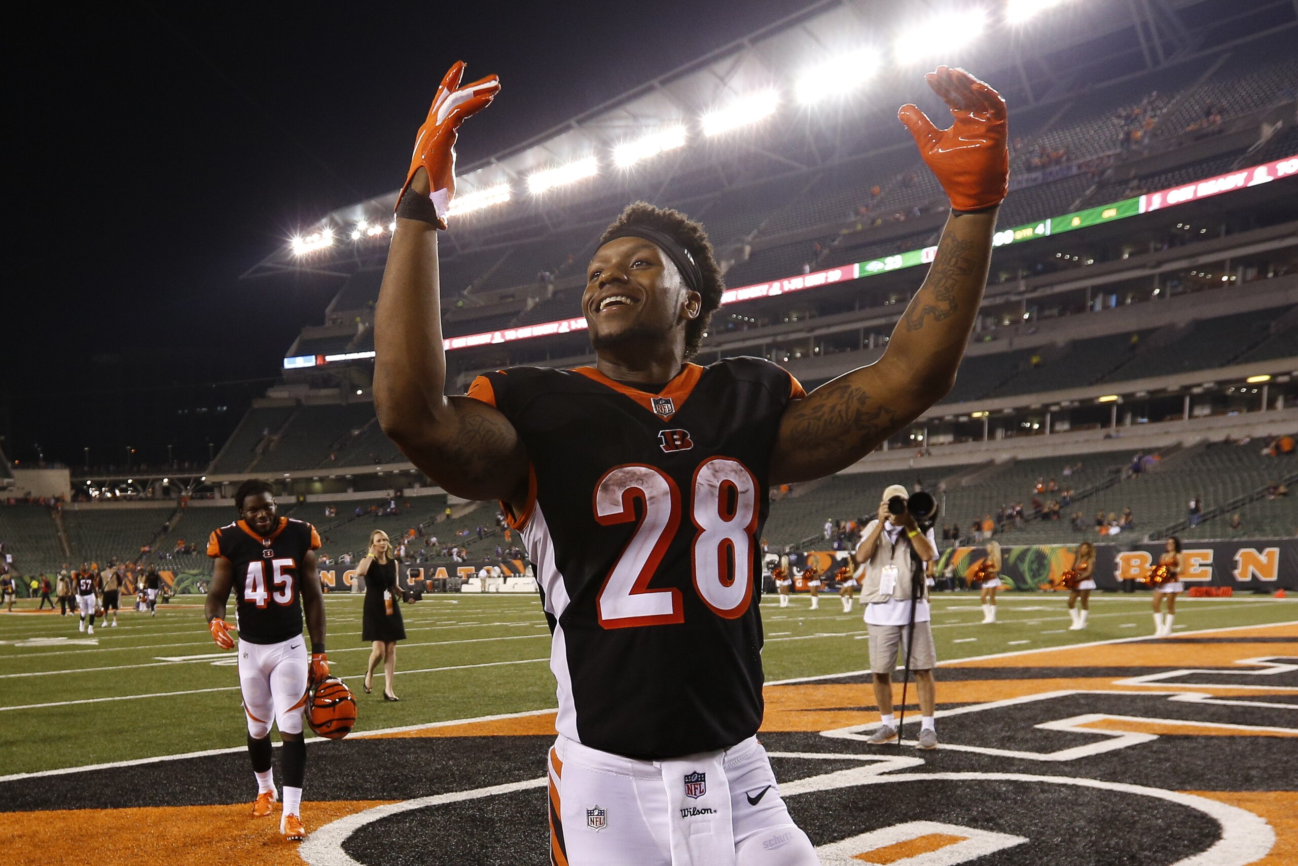 Cincinnati Bengals running back Joe Mixon celebrates after an NFL football game against the Baltimore Ravens, Thursday, Sept. 13, 2018, in Cincinnati. Bengals won 34-23. (AP Photo/Frank Victores) Cincinnati Bengals running back Joe Mixon celebrates after an NFL football game against the Baltimore Ravens, Thursday, Sept. 13, 2018, in Cincinnati. Bengals won 34-23. (AP Photo/Frank Victores)